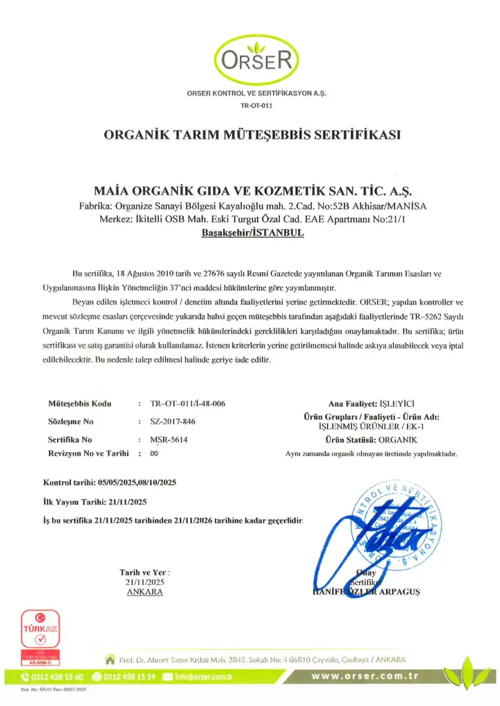 ORSER Organik Tarım Müteşebbis Sertifikası — Maia Organik Gıda